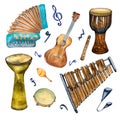 Set of variouse percussion musical instruments watercolor illustration isolated. Royalty Free Stock Photo