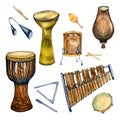 Set of variouse percussion musical instruments watercolor illustration isolated. Royalty Free Stock Photo