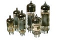 Set of varisized old vacuum radio tubes. Royalty Free Stock Photo