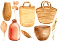 Set of vases, baskets, straw bags, Leaves, plants in a basket on a white background, watercolor illustration Royalty Free Stock Photo