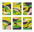 Set of vector absract posters, organic green covers with liquid shapes, leaves and geometric elements. Use for prints