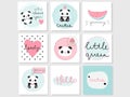 Set of 9 vector adorable cards with panda bear, watermelon and words