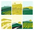 Set of vector agriculture illustrations with farming scene, farm land, nature scenery, agri landscape