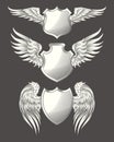 Set of vector angelic or bird wings with heraldic shields Royalty Free Stock Photo