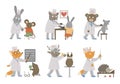 Set of vector animal doctors treating patients. Cute funny characters. Medicine picture for children. Hospital scenes isolated on