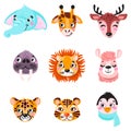 Set of vector animals in cartoon style. Cute smiley giraffe, deer, walrus, lion, jaguar, penguin, elephant, giraffe, llama.