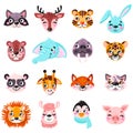 Set of vector animals in cartoon style. Cute smiley pig, panda, beaver, walrus, penguin, elephant, giraffe, llama, raccoon, deer, Royalty Free Stock Photo