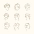 Set of vector antique sculpture line art icons. Hand drawn doodle vector illustration. Line art design