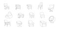 Set of vector armchairs of various shapes. Lounge chair, hand drawn outline illustration, isolated vector