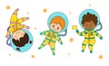 Set of vector astronaut kids. Girls and boys in astronaut costume flies