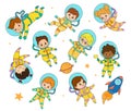 Set of vector astronaut kids. Girls and boys in astronaut costume flies