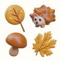 Set of vector autumn templates. 3D tree, maple leaf, hedgehog, edible mushroom