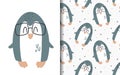 Set of vector backgrounds and illustrations with penguin. Children\'s illustrations in cartoon hand-drawn style for printing on