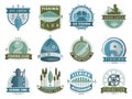 Set of vector badges stickers on catching fish seafood adventure fishing club shop badge vector illustration Royalty Free Stock Photo