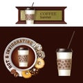 Set of vector banner, badge, sticker with icon coffee beans and saucer with donuts Royalty Free Stock Photo