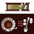 Set of vector banner, badge, sticker with icon coffee cup and scoop Royalty Free Stock Photo