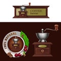 Set of vector banner, badge, sticker with icon coffee grinder Royalty Free Stock Photo