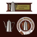 Set of vector banner, badge, sticker with icon coffee pot