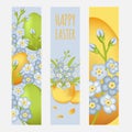 Set of vector banners, bookmarks. Happy easter concept with forget me not flowers and eggs.