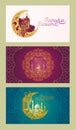 Set of vector banners for Ramadan Kareem with Ramadan lantern, towers of mosque, vintage moon and arabic pattern Royalty Free Stock Photo