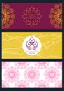 Set of vector banners template for for yoga class. Linear illustration of person in lotus pose and mountains.