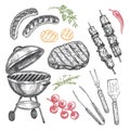 Set of vector barbecue elements in vintage style.