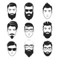 Set of vector bearded hipster men faces. Haircuts, beards, mustaches set. Handsome man emblems icons. Royalty Free Stock Photo