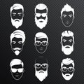 Set of vector bearded hipster men faces on the transperant alpha background. White color haircuts, beards, mustaches set Royalty Free Stock Photo