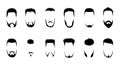 Set of vector bearded men faces, hipsters with different haircuts, mustaches, beards. Silhouettes, emblems, icons