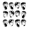 Set of vector bearded men faces profile hipsters heads with different haircuts, mustaches, beards. Silhouettes or avatars, emblems