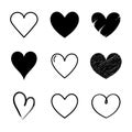 Set vector black heart drawn the hand. Flat style for Valentines Day. Love symbol. Royalty Free Stock Photo