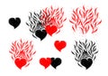 Set vector with black and red hearts. Collection cute handmade illustration for print. Flame, Fire, Burning hearts Royalty Free Stock Photo