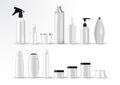 Set vector blank templates of empty and clean white plastic containers: bottles with spray, dispenser and dropper, cream jar, tub Royalty Free Stock Photo