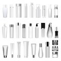 Set vector blank templates of empty and clean white plastic containers bottles with spray, dispenser and dropper, cream Royalty Free Stock Photo