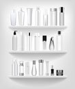 Set vector blank templates of empty and clean white plastic containers bottles with spray, dispenser and dropper, cream Royalty Free Stock Photo