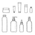 Set vector blank templates of empty containers: bottles with spray, dispenser and dropper, cream jar, tube.