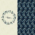 Set with vector blue pattern with pretty flowers and a card with hand drawn word love