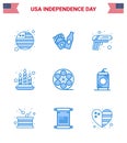 Big Pack of 9 USA Happy Independence Day USA Vector Blues and Editable Symbols of bottle; video; army; play; light