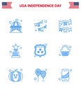 Set of 9 Vector Blues on 4th July USA Independence Day such as cake; shield; party; security; trophy