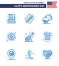 Set of 9 Vector Blues on 4th July USA Independence Day such as guiter; eagle; big gun; celebration; american