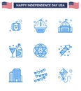 Set of 9 Vector Blues on 4th July USA Independence Day such as movis; bottle; building; american; drink