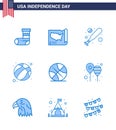 Set of 9 Vector Blues on 4th July USA Independence Day such as sports; backetball; baseball; usa; ball