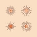 Set of vector bohemian logo design templates with sun and sunburst in retro style Royalty Free Stock Photo