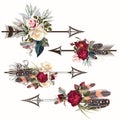 Set of vector boho arrows with roses and feathers