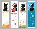 Set of vector bookmarks. Cute little black cat in different seasons.