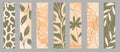 Set of vector bookmarks in vertical format. Abstract leaves, flower, branches and tropical plants