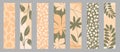 Set of vector bookmarks in vertical format. Abstract leaves, flower, branches and tropical plants