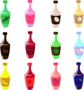 Set of vector bottles. Sweet syrups and toppings. Design for menu, cafe and restaurant