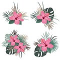 Set of vector bouquet compositions with pink hibiscus flower and palm leaves bunches, flat vector illustration. Tropical Royalty Free Stock Photo