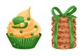 Set vector bright St. patricks day cupcake and stack of oatmeal cookies, green hat and clover Royalty Free Stock Photo